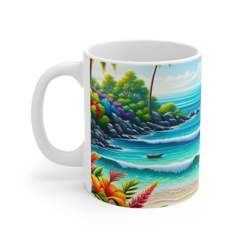 Mug Paysage Plage Tropicale  Tasse Exotique Océan, Palmiers & Fleurs Colorées, Idéal Vacances & Nature