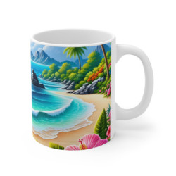 Mug Paysage Plage Tropicale  Tasse Exotique Océan, Palmiers & Fleurs Colorées, Idéal Vacances & Nature