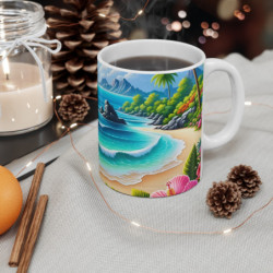 Mug Paysage Plage Tropicale  Tasse Exotique Océan, Palmiers & Fleurs Colorées, Idéal Vacances & Nature