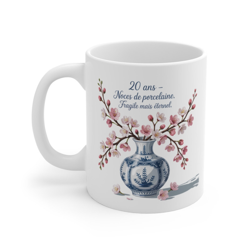 Tasse 20 Ans de Mariage  Mug Noces de Porcelaine avec Vase Fleuri et Citation Cadeau Anniversaire Élégant et Symbolique