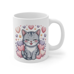 Tasse Chat Gris  Mug Chaton Mignon avec Cœurs Pastel Cadeau Idéal Enfant, Ado & Fan de Chats