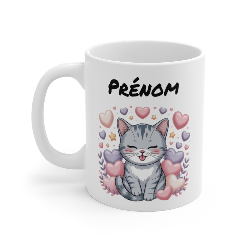 Mug Chat Kawaii Personnalisé Prénom – Tasse Café 11oz Céramique Cadeau Mignon Fille Ado
