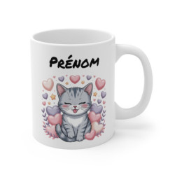 Mug Chat Kawaii Personnalisé Prénom – Tasse Café 11oz Céramique Cadeau Mignon Fille Ado