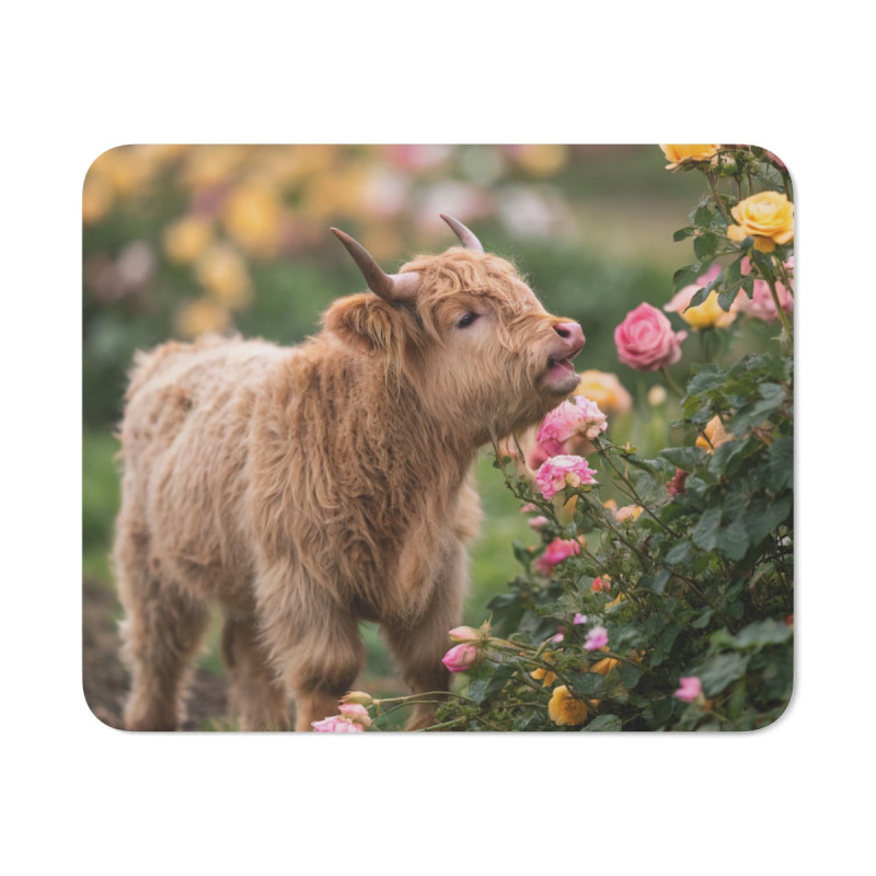 Tapis de souris veau Highland Scène champêtre fleurie Tapis doux 22x18 cm  Ambiance nature et tendresse à votre bureau