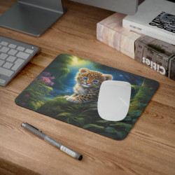 Tapis de souris bébé léopard aux yeux bleus Tapis 22x18 cm doux et antidérapant Ambiance féerique pour bureau ou gaming
