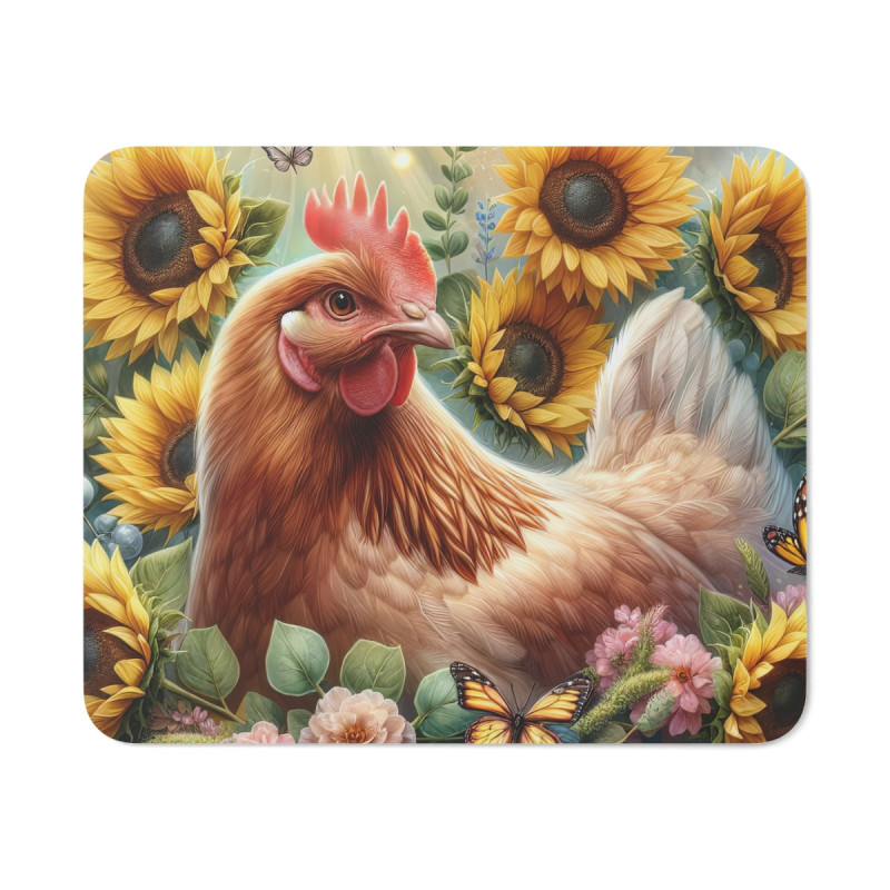Tapis de souris Poule & Tournesols  Illustration champêtre colorée 22x18 cm  Surface lisse & base antidérapante