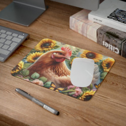 Tapis de souris Poule & Tournesols  Illustration champêtre colorée 22x18 cm  Surface lisse & base antidérapante