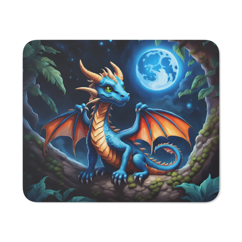 Tapis de Souris Bébé Dragon Bleu Créature Fantastique sous la Lune Design Magique et Mystique