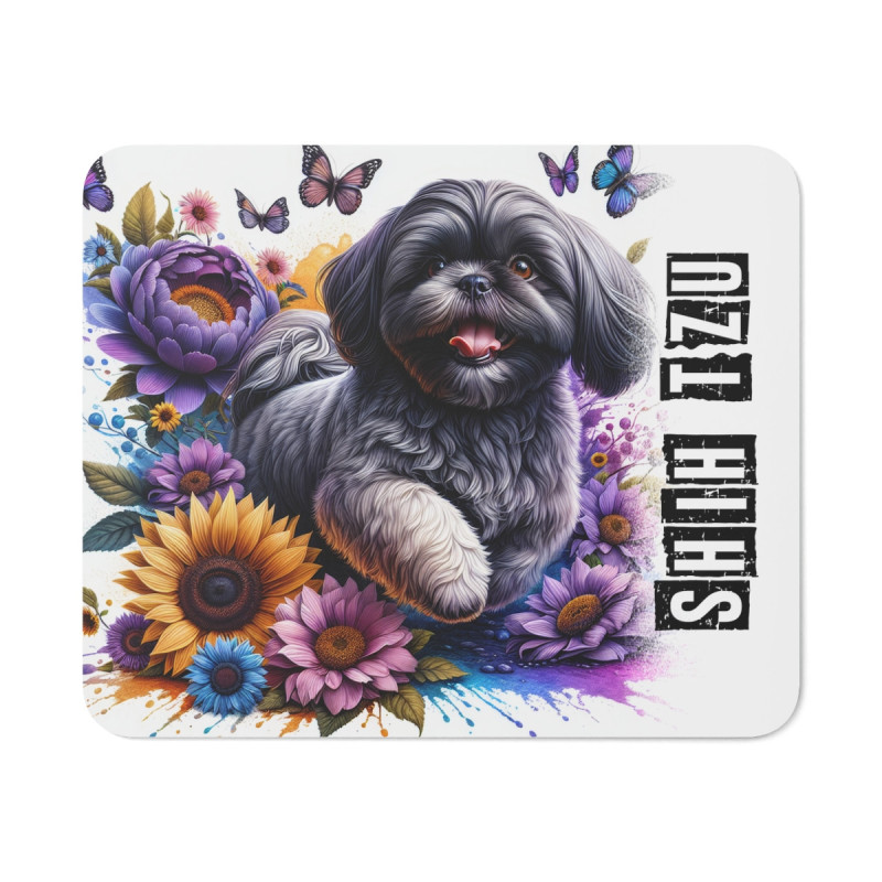 Tapis de Souris Shih Tzu Fleurs et Papillons  Illustration Colorée Style Artistique Idée cadeau