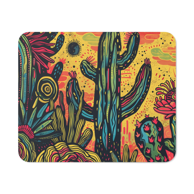 Tapis de Souris Cactus Désert Pop Art Design Psychédélique Coloré Jaune Rouge Vert Idée cadeau