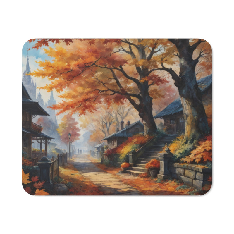 Tapis de Souris Paysage d’Automne  Village Enchanté, Feuilles Rouges et Maisons de Charme Idée cadeau