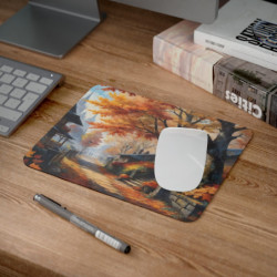 Tapis de Souris Paysage d’Automne  Village Enchanté, Feuilles Rouges et Maisons de Charme Idée cadeau