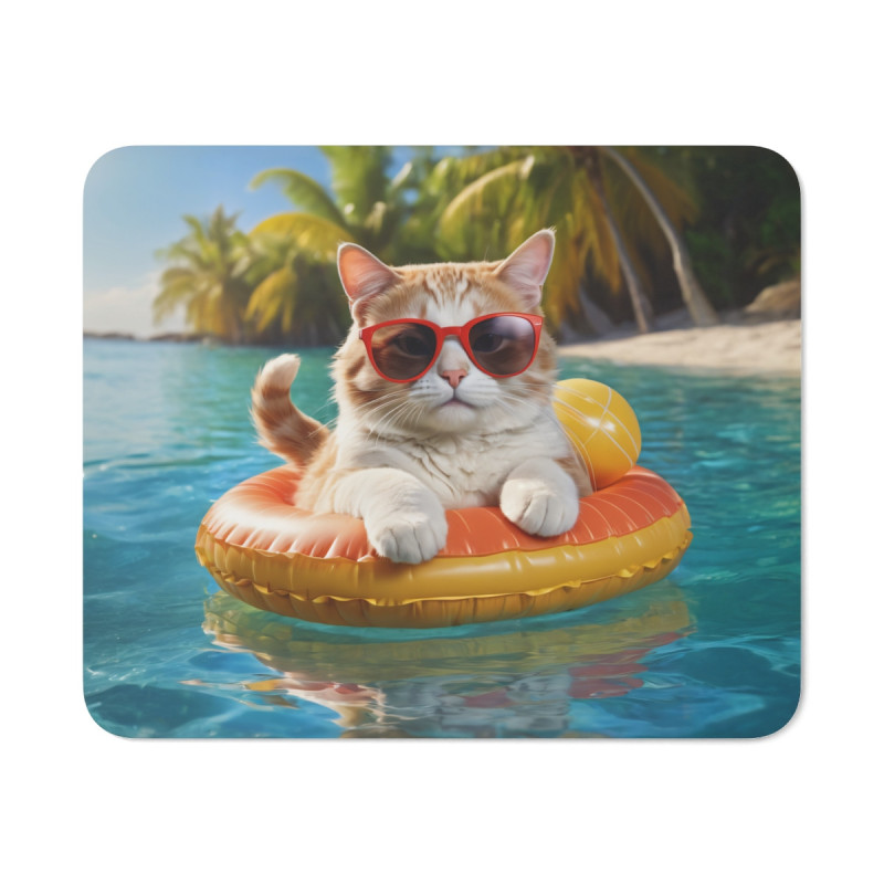 Tapis de Souris Chat en Vacances Chat Cool avec Lunettes de Soleil sur Bouée à la Plage Idée cadeau amusant drôle