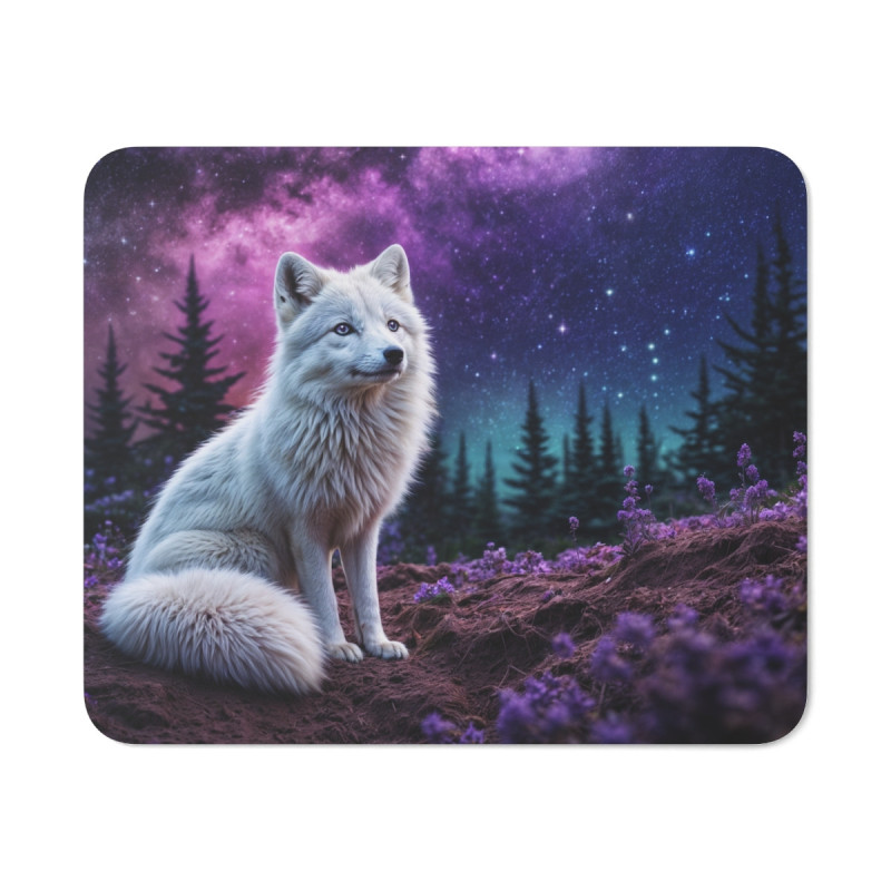 Tapis de Souris Renard Polaire Mystique Ciel Étoilé Violet et Forêt Enchantée Illustration Nature Sauvage Idée cadeau
