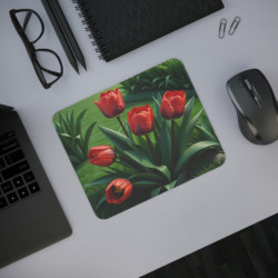 Tapis de Souris Tulipes Rouges Jardin Printanier Réaliste Illustration Florale Déco Bureau ou Maison