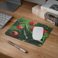 Tapis de Souris Tulipes Rouges Jardin Printanier Réaliste Illustration Florale Déco Bureau ou Maison
