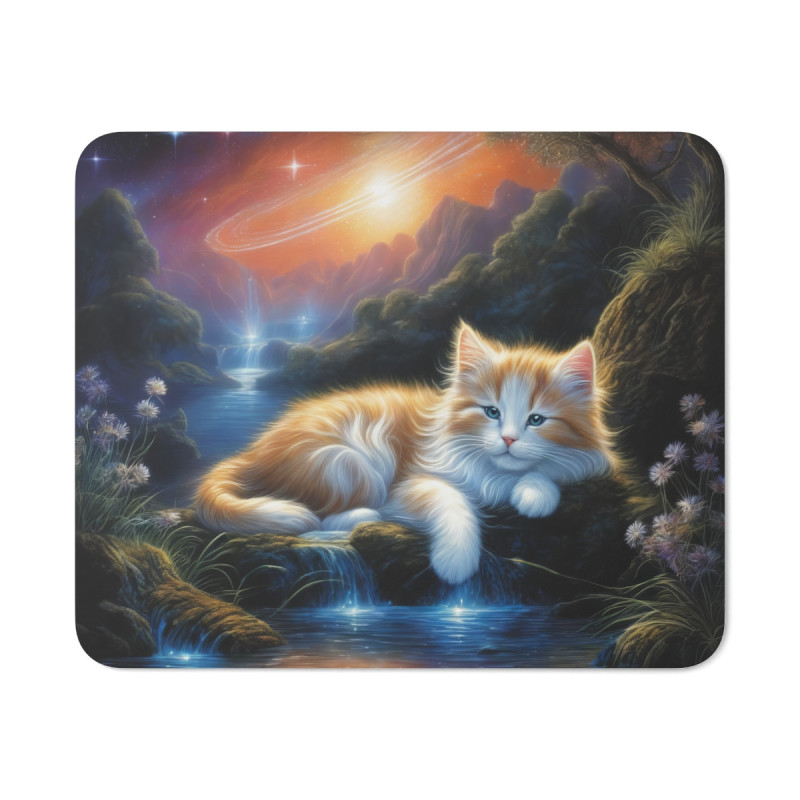 Tapis de Souris Chaton Rêveur  Paysage Féerique Nocturne Base Antidérapante –Accessoire de Bureau ou Gaming