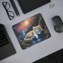 Tapis de Souris Chaton Rêveur  Paysage Féerique Nocturne Base Antidérapante –Accessoire de Bureau ou Gaming