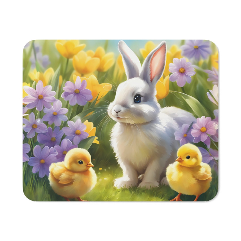 Tapis de Souris Lapin Blanc et Poussins dans un Champ de Fleurs  Idéal Bureau & Gaming