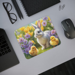 Tapis de Souris Lapin Blanc et Poussins dans un Champ de Fleurs  Idéal Bureau & Gaming