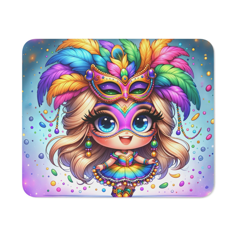 Tapis de Souris Fille Carnaval  Illustration Colorée et Festive Masque, Plumes, Confettis Accessoire Bureau Fun et Créatif