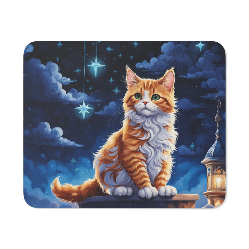 Tapis de Souris Chat Roux Magique  Illustration Nocturne Féérique Ciel Étoilé, Lanterne et Éclat Lunaire  Accessoire Bureau