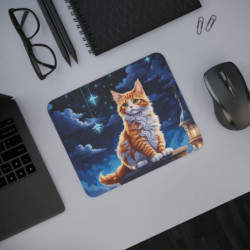 Tapis de Souris Chat Roux Magique  Illustration Nocturne Féérique Ciel Étoilé, Lanterne et Éclat Lunaire  Accessoire Bureau