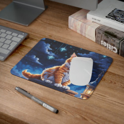 Tapis de Souris Chat Roux Magique  Illustration Nocturne Féérique Ciel Étoilé, Lanterne et Éclat Lunaire  Accessoire Bureau