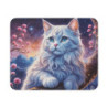 Tapis de Souris Chat Blanc Lunaire llustration Féérique Nocturne Fleurs Roses, Ciel Étoilé Accessoire Bureau Fantastique