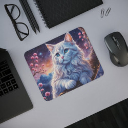 Tapis de Souris Chat Blanc Lunaire llustration Féérique Nocturne Fleurs Roses, Ciel Étoilé Accessoire Bureau Fantastique