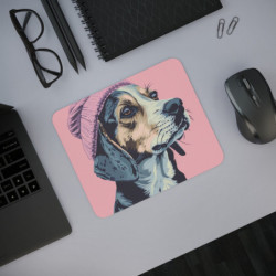 Tapis de Souris Chien Stylé Illustration Pop Art Canine Beagle Bonnet Rose sur Fond Rose Accessoire Bureau Arty et Tendance