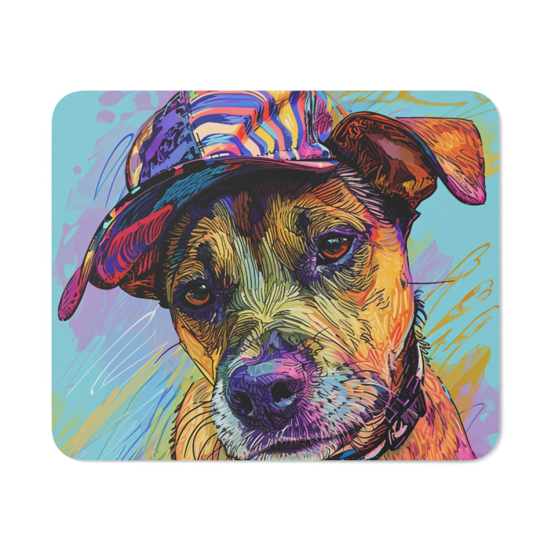 Tapis de Souris Chien Casquette Colorée  Illustration Street Art Texturée  Accessoire Bureau Original et Urbain