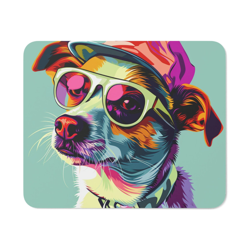 Tapis de Souris Chien Vectoriel Stylé Casquette Rouge et Lunettes Roses  Illustration Pop Graphique  Accessoire Bureau