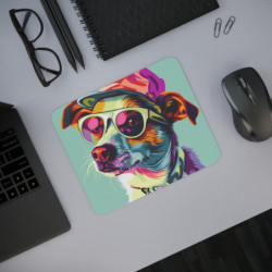 Tapis de Souris Chien Vectoriel Stylé Casquette Rouge et Lunettes Roses  Illustration Pop Graphique  Accessoire Bureau