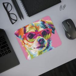 Tapis de Souris Chien Fashion  Lunettes Roses  Portrait Pop Art Arty  Accessoire Bureau Coloré et Stylé
