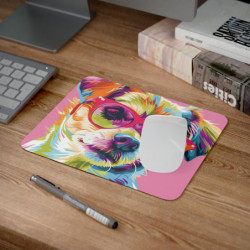 Tapis de Souris Chien Fashion  Lunettes Roses  Portrait Pop Art Arty  Accessoire Bureau Coloré et Stylé