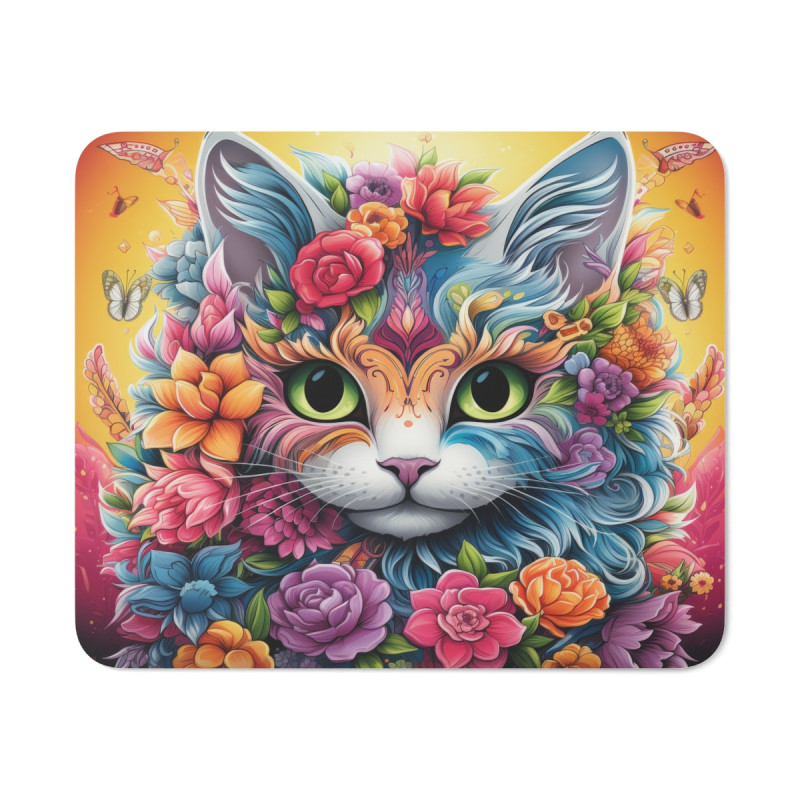 Tapis de Souris Chat Fleur Magique Visage Floral Multicolore  Illustration Fantastique Accessoire Bureau Artistique et Féérique