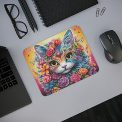 Tapis de Souris Chat Fleur Magique Visage Floral Multicolore  Illustration Fantastique Accessoire Bureau Artistique et Féérique