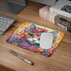 Tapis de Souris Chat Fleur Magique Visage Floral Multicolore  Illustration Fantastique Accessoire Bureau Artistique et Féérique
