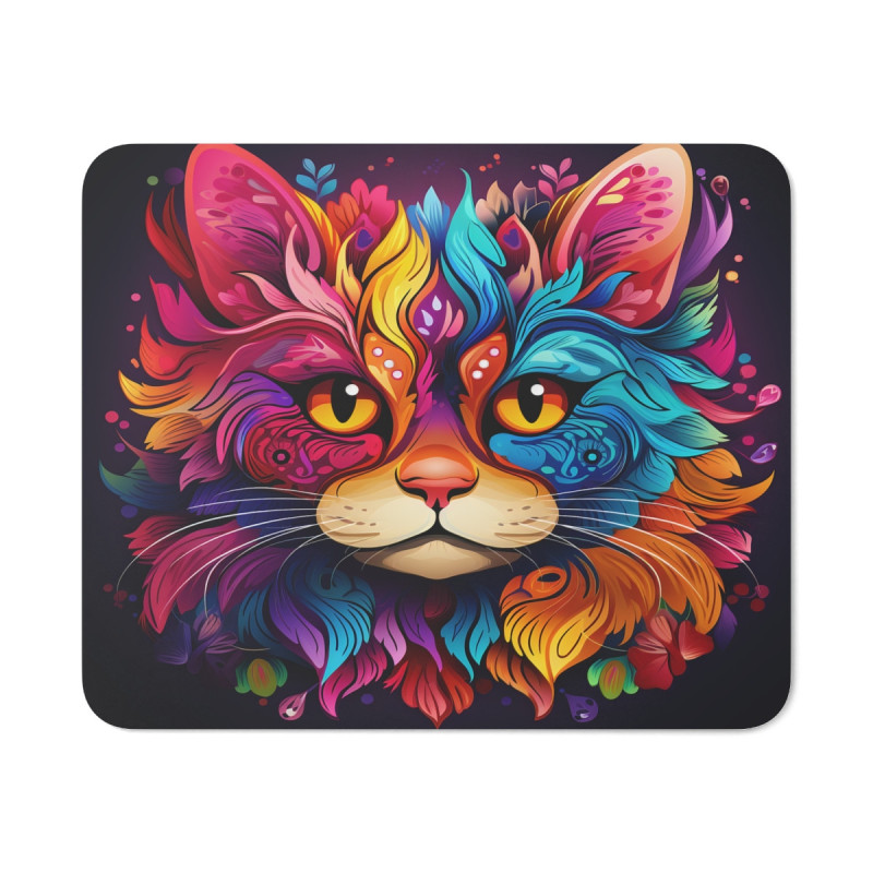 Tapis de Souris Chat Totem Multicolore  Illustration Symétrique Pop et Tribale  Explosion de Couleurs  Accessoire Bureau