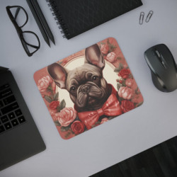 Tapis de Souris Bouledogue Élégant – Nœud Papillon Rouge et Roses Vintage Accessoire Bureau Classy et Animalier