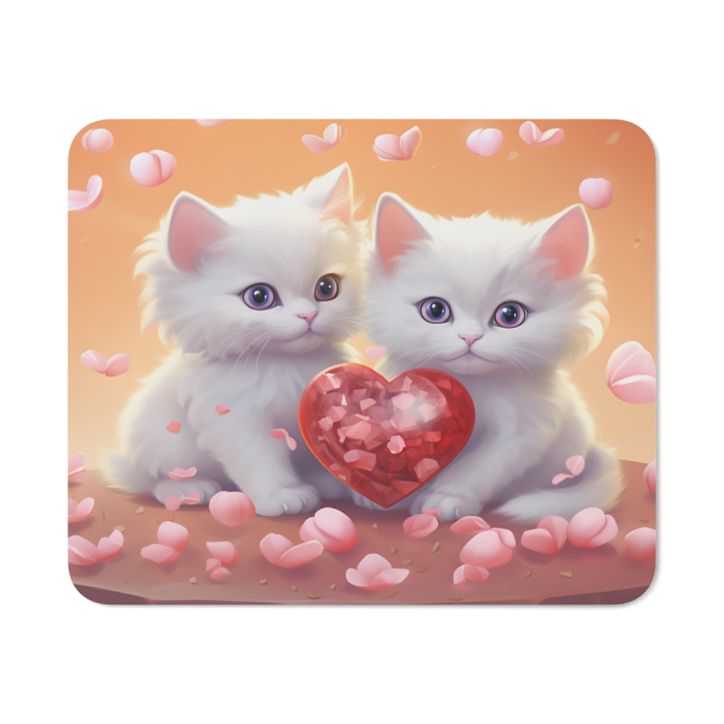 Tapis de Souris Chatons Cœur d’Amour Duo Blanc avec Fleur Rose Illustration Romantique et Mignonne Saint-Valentin
