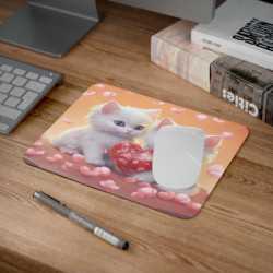 Tapis de Souris Chatons Cœur d’Amour Duo Blanc avec Fleur Rose Illustration Romantique et Mignonne Saint-Valentin