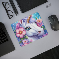 Tapis de Souris Licorne Féérique Portrait Licorne aux Yeux Bleus et Fleurs Magiques