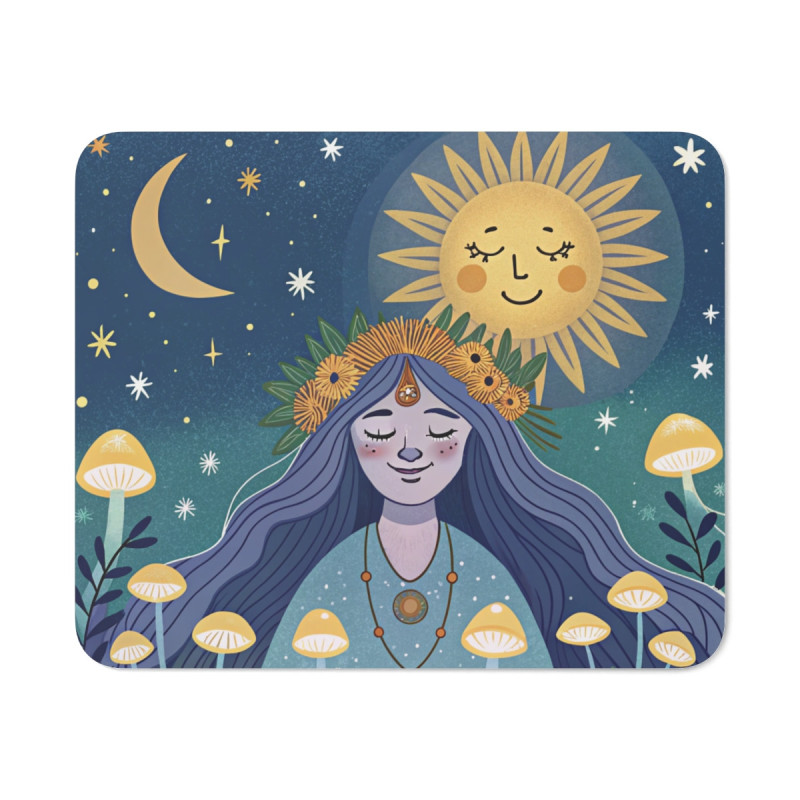 Tapis de Souris Bohème Sorcière Lunaire  Soleil et Lune Champignons Magiques, Fée Mystique Accessoire Zen pour Bureau ou Gaming