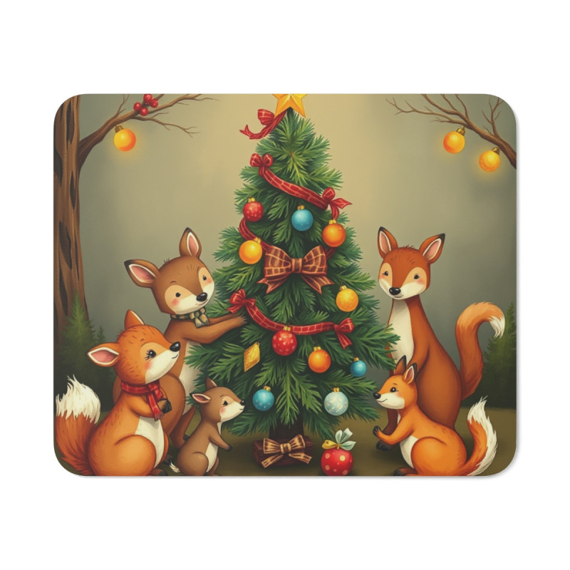 Tapis de Souris Noël Forêt Animaux Mignons Cerf, Renards, Faons et Sapin Décoré  Accessoire Bureau Enfant ou Adulte