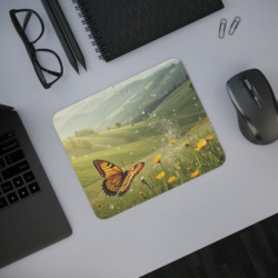 Tapis de Souris Papillon dans Champ de Fleurs Jaunes Paysage Naturel Printanier avec Rosée et Collines