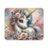 Tapis de Souris Licorne Féerique avec Fleurs et Arc-en-Ciel Illustration Fantastique Pastel Rose, Doré et BleU