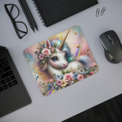 Tapis de Souris Licorne Féerique avec Fleurs et Arc-en-Ciel Illustration Fantastique Pastel Rose, Doré et BleU