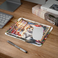 Tapis de Souris Chat de Noël Mignon Illustration Hivernale avec Bonnet Rouge, Boules pour Enfants et Adultes